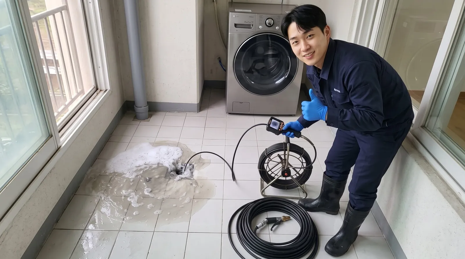 서울 동남권 하수구 역류 작업복 기술자와 배관내시경·고압세척 장비